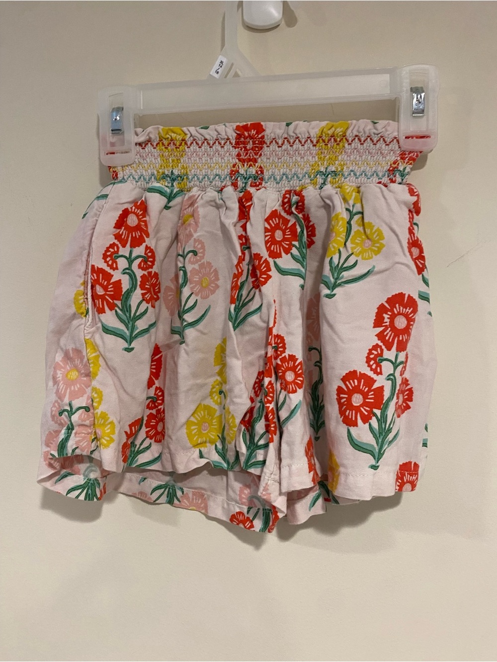 Boden Pink Floral Smocked-Top Shorts with Red & Yellow Flowers